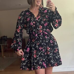 Free People Size Medium Floral Black and Pink Women's Flower Dress Long Sleeve